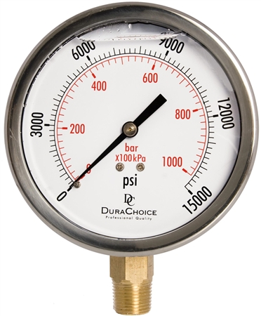 DuraChoice PB403L-K15 Oil Filled Pressure Gauge, 4" Dial