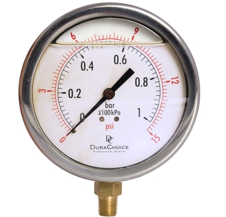 DuraChoice PB404L-015 Oil Filled Pressure Gauge, 4" Dial