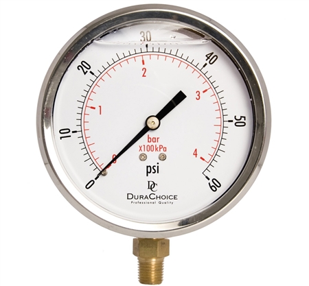 DuraChoice PB404L-060 Oil Filled Pressure Gauge, 4" Dial
