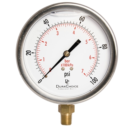 DuraChoice PB404L-100 Oil Filled Pressure Gauge, 4" Dial