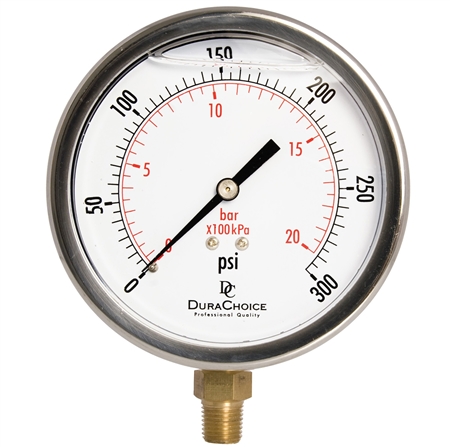 DuraChoice PB404L-300 Oil Filled Pressure Gauge, 4" Dial