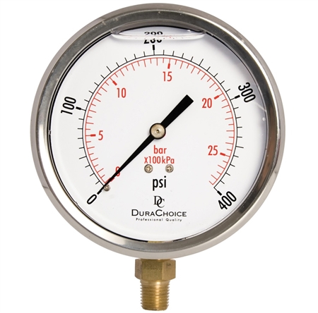 DuraChoice PB404L-400 Oil Filled Pressure Gauge, 4" Dial