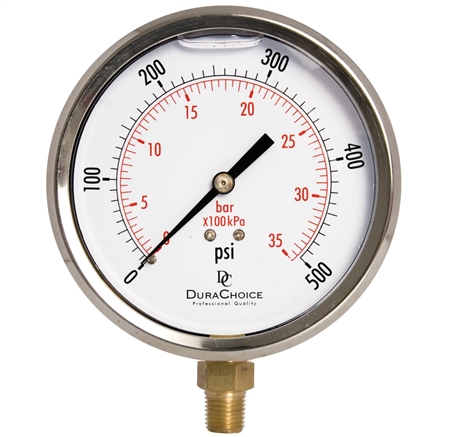 DuraChoice PB404L-500 Oil Filled Pressure Gauge, 4" Dial