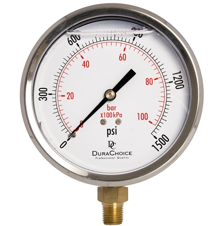 DuraChoice PB404L-K015 Oil Filled Pressure Gauge, 4" Dial