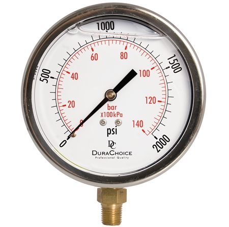 DuraChoice PB404L-K02 Oil Filled Pressure Gauge, 4" Dial