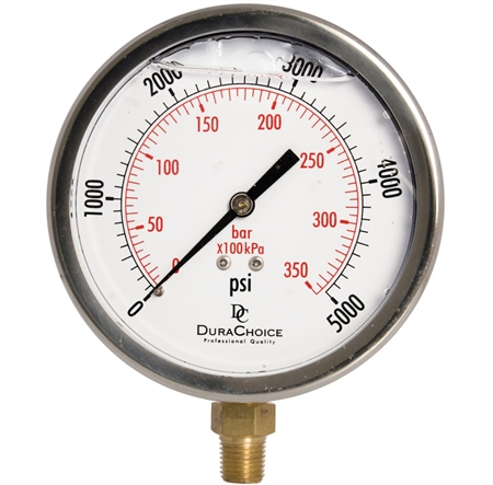 DuraChoice PB404L-K05 Oil Filled Pressure Gauge, 4" Dial