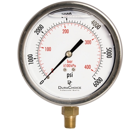 DuraChoice PB404L-K06 Oil Filled Pressure Gauge, 4" Dial