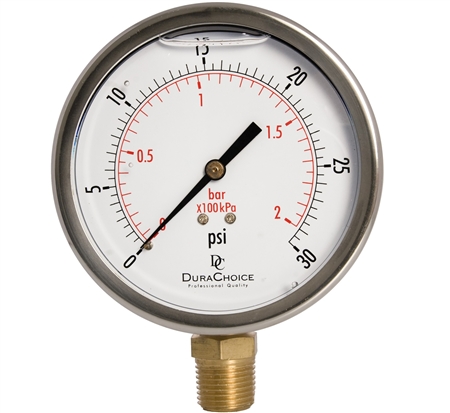 DuraChoice PB405L-030 Oil Filled Pressure Gauge, 4" Dial