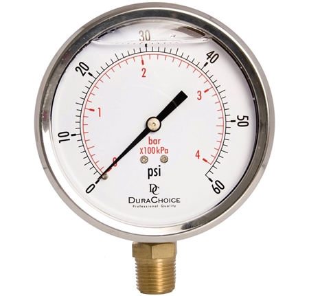 DuraChoice PB405L-060 Oil Filled Pressure Gauge, 4" Dial