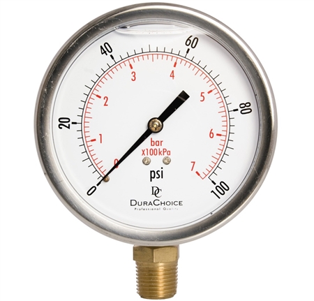 DuraChoice PB405L-100 Oil Filled Pressure Gauge, 4" Dial