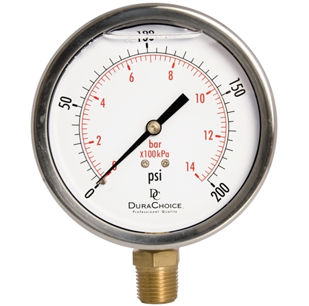 DuraChoice PB405L-200 Oil Filled Pressure Gauge, 4" Dial