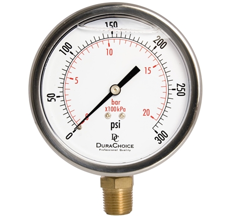 DuraChoice PB405L-300 Oil Filled Pressure Gauge, 4" Dial