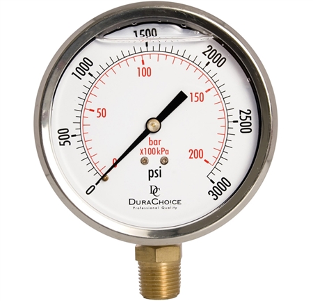 DuraChoice PB405L-K03 Oil Filled Pressure Gauge, 4" Dial