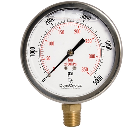 DuraChoice PB405L-K05 Oil Filled Pressure Gauge, 4" Dial