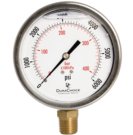 DuraChoice PB405L-K06 Oil Filled Pressure Gauge, 4" Dial