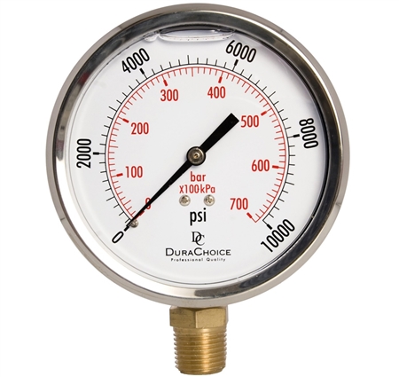 DuraChoice PB405L-K10 Oil Filled Pressure Gauge, 4" Dial
