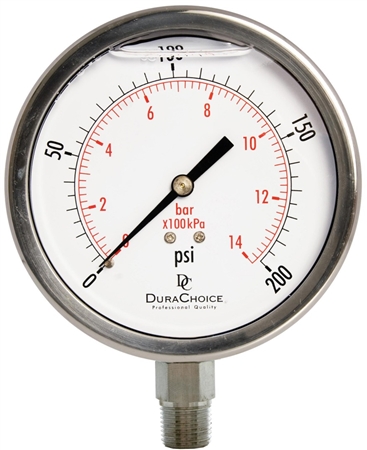 DuraChoice PS403L-200 Oil Filled Pressure Gauge, 4" Dial