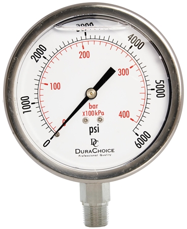 DuraChoice PS403L-K06 Oil Filled Pressure Gauge, 4" Dial