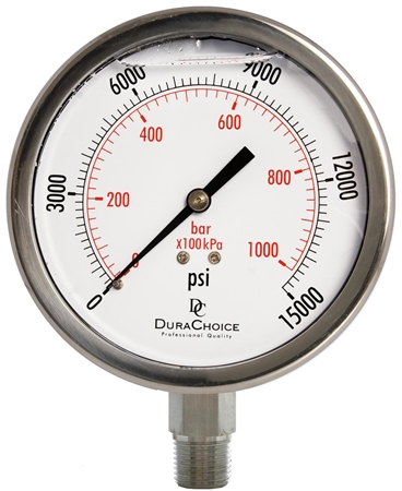 DuraChoice PS403L-K15 Oil Filled Pressure Gauge, 4" Dial