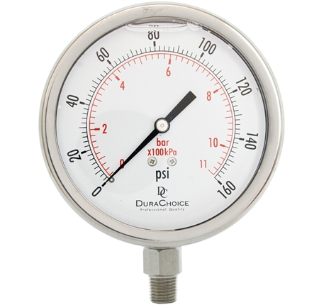 DuraChoice PS404L-160 Oil Filled Pressure Gauge, 4" Dial