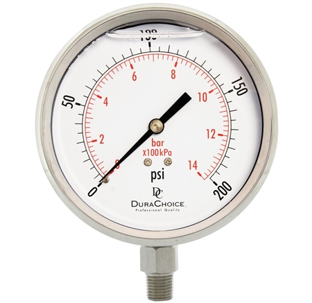 DuraChoice PS404L-200 Oil Filled Pressure Gauge, 4" Dial