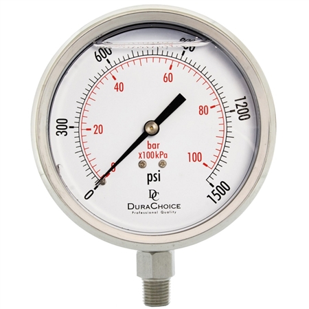 DuraChoice PS404L-K015 Oil Filled Pressure Gauge, 4" Dial