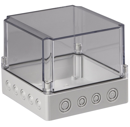 Sealcon Screw Cover Enclosure, 6.89" X 6.89" X 5.91", Clear Cover, Metric Knockouts