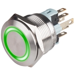 Kacon T22-271GA2 22 mm Green Momentary Push Button, SPDT, 110/220V AC LED