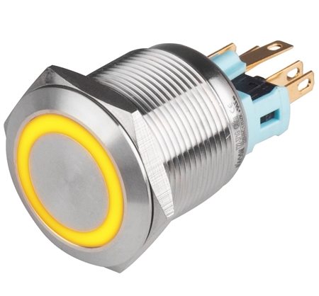 Kacon 22 mm Yellow Maintained Push Button, SPDT, 110/220V AC LED