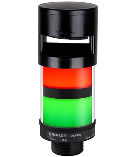 Qronz 2 Stack LED Tower Light, Red Green, Lead Wire, 24V, w/ Adjustable Alarm