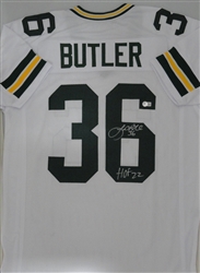 LEROY BUTLER SIGNED CUSTOM REPLICA PACKERS WHITE JERSEY W/ HOF 22 - JSA