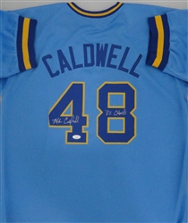 MIKE CALDWELL SIGNED CUSTOM REPLICA BREWERS BLUE JERSEY W/ 82 CHAMPS - JSA