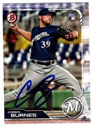 CORBIN BURNES SIGNED 2019 BOWMAN BREWERS ROOKIE CARD #65