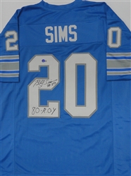 BILLY SIMS SIGNED CUSTOM REPLICA DETROIT LIONS BLUE JERSEY -  BAS