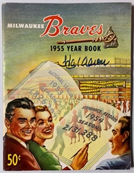 HANK AARON (d) SIGNED 1955 OFFICIAL MILWAUKEE BRAVES YEARBOOK PROGRAM MAGAZINE - JSA