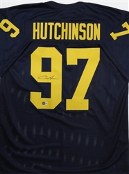 AIDAN HUTCHINSON SIGNED CUSTOM REPLICA WOLVERINES BLUE JERSEY - BAS