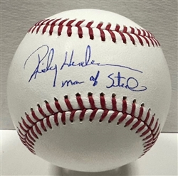 RICKEY HENDERSON SIGNED OFFICIAL MLB BASEBALL W/ MAN OF STEAL - ATHLETICS - JSA