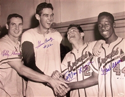 HANK AARON, LOGAN, THOMPSON & CONLEY SIGNED 16X20 BRAVES PHOTO - JSA