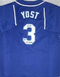 NED YOST SIGNED CUSTOM ROYALS BLUE JERSEY W/ WS CHAMPS - JSA