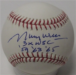 MAURY WILLS SIGNED OFFICIAL MLB BASEBALL W/ 3 X WS CHAMP