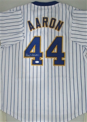 HANK AARON SIGNED CUSTOM MILWAUKEE BREWERS PINSTRIPE JERSEY - JSA