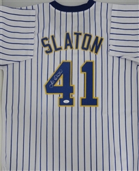 JIM SLATON SIGNED CUSTOM REPLICA BREWERS PINSTRIPE JERSEY - JSA