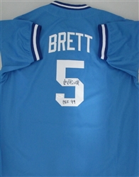 GEORGE BRETT SIGNED CUSTOM ROYALS BLUE JERSEY W/ HOF - JSA