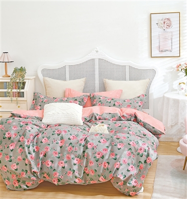 Tiffany Rose Print Gray/Pink 100% Cotton Reversible Comforter Set