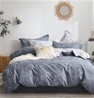 Tracey Blue Gray Folage 100% Cotton Reversible Comforter Set