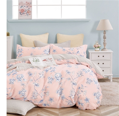 Ava Pink/Blue Floral 100% Cotton Reversible Duvet Cover Set