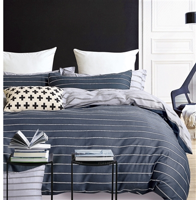 Gauggin Navy Blue Striped 100% Cotton Reversible  Comforter Set