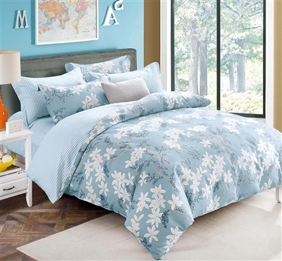 Laura Blue Floral 100% Cotton Reversible Duvet Cover Set Queen/Full