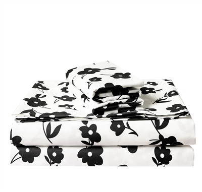 Hepburn Black White Floral Pure Cotton Sheet Set with Pillowcase