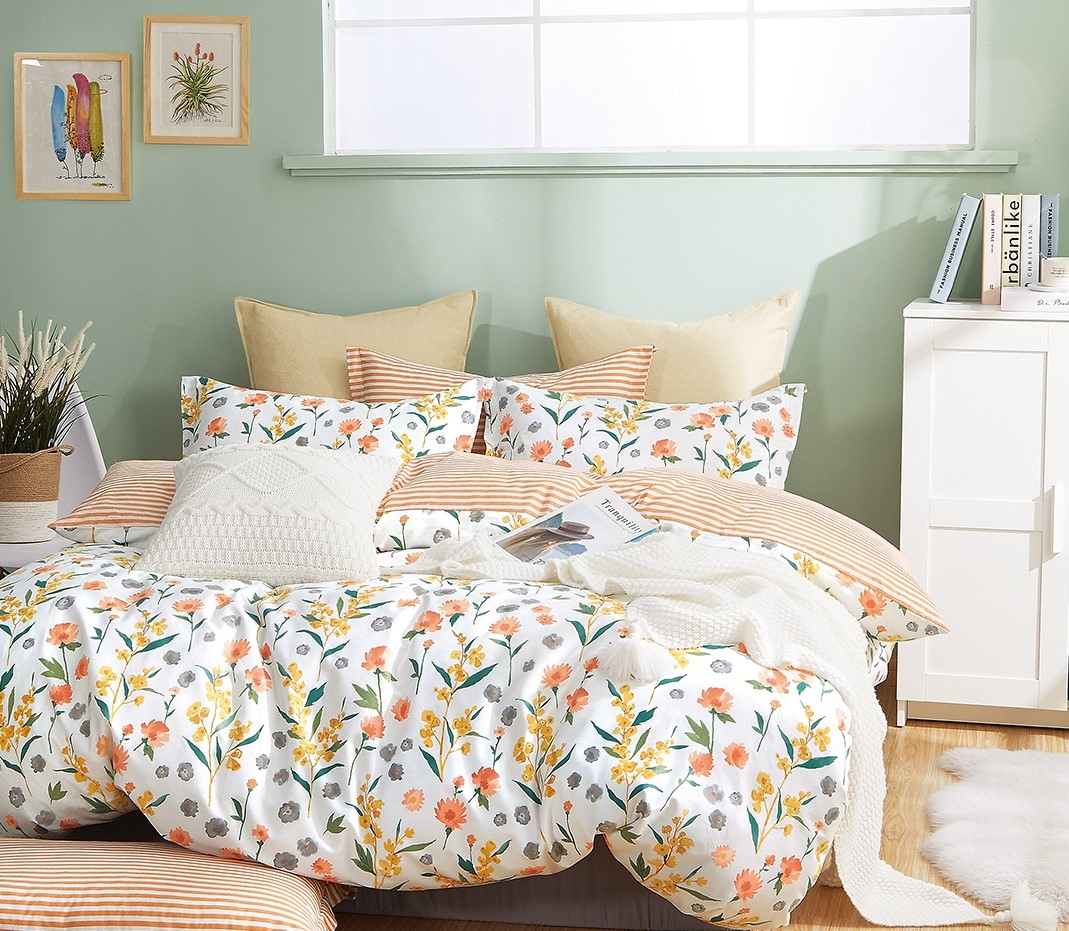 Estella Orange Floral 100 Cotton Reversible Comforter Set